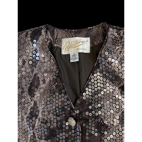 Rickie Freeman Sequin Jacket Brown 10 Snake Print Made in USA Elegant - Picture 4 of 9